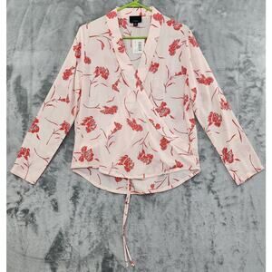 NEW Lumiere Floral Wrap Front Blouson Drawstring Long Sleeve Blouse Size M Peach